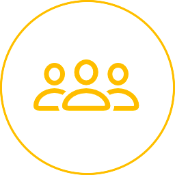 Golden icon of three people silhouettes inside a yellow circle outline on white background.