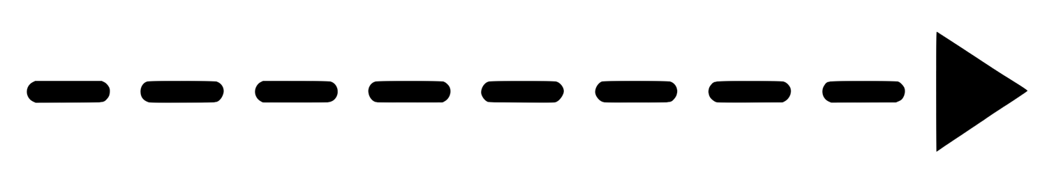 A dashed arrow line pointing right, featuring evenly spaced black dashes leading to a solid arrowhead on a white background.