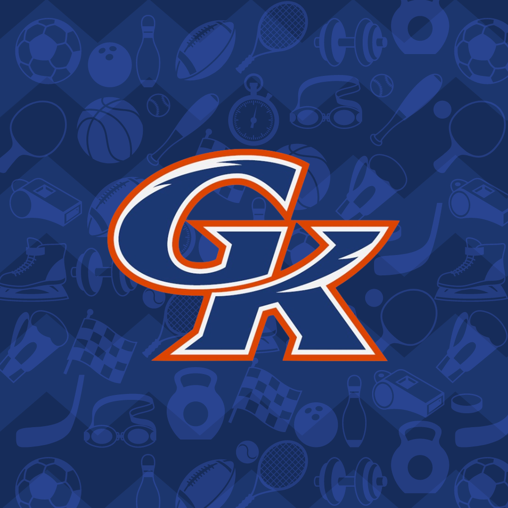 Athletic logo designs in orange and blue on dark background.