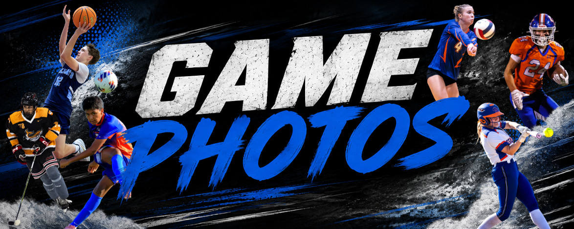 Sports collage banner featuring basketball, volleyball, football, and softball players with bold Game Photos text.
