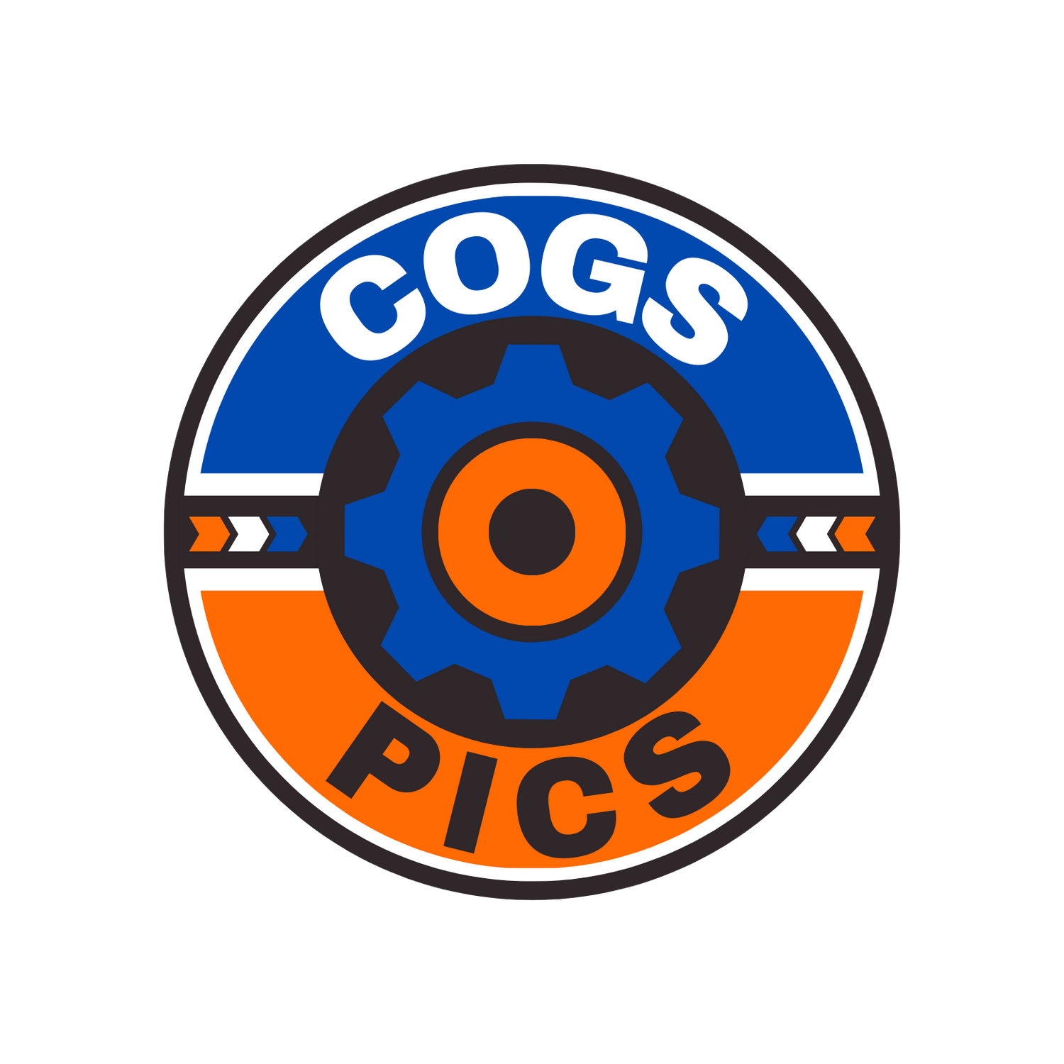 Orange and blue sports team logo featuring an eye design.