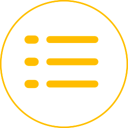 Golden yellow list menu icon with three rows and bullet points inside a circular border on white background.