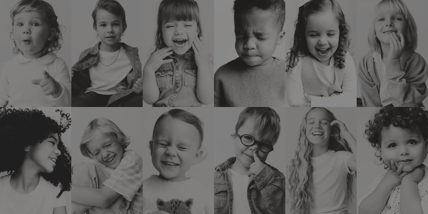A collage of diverse children displaying various emotions and expressions in black and white photography.