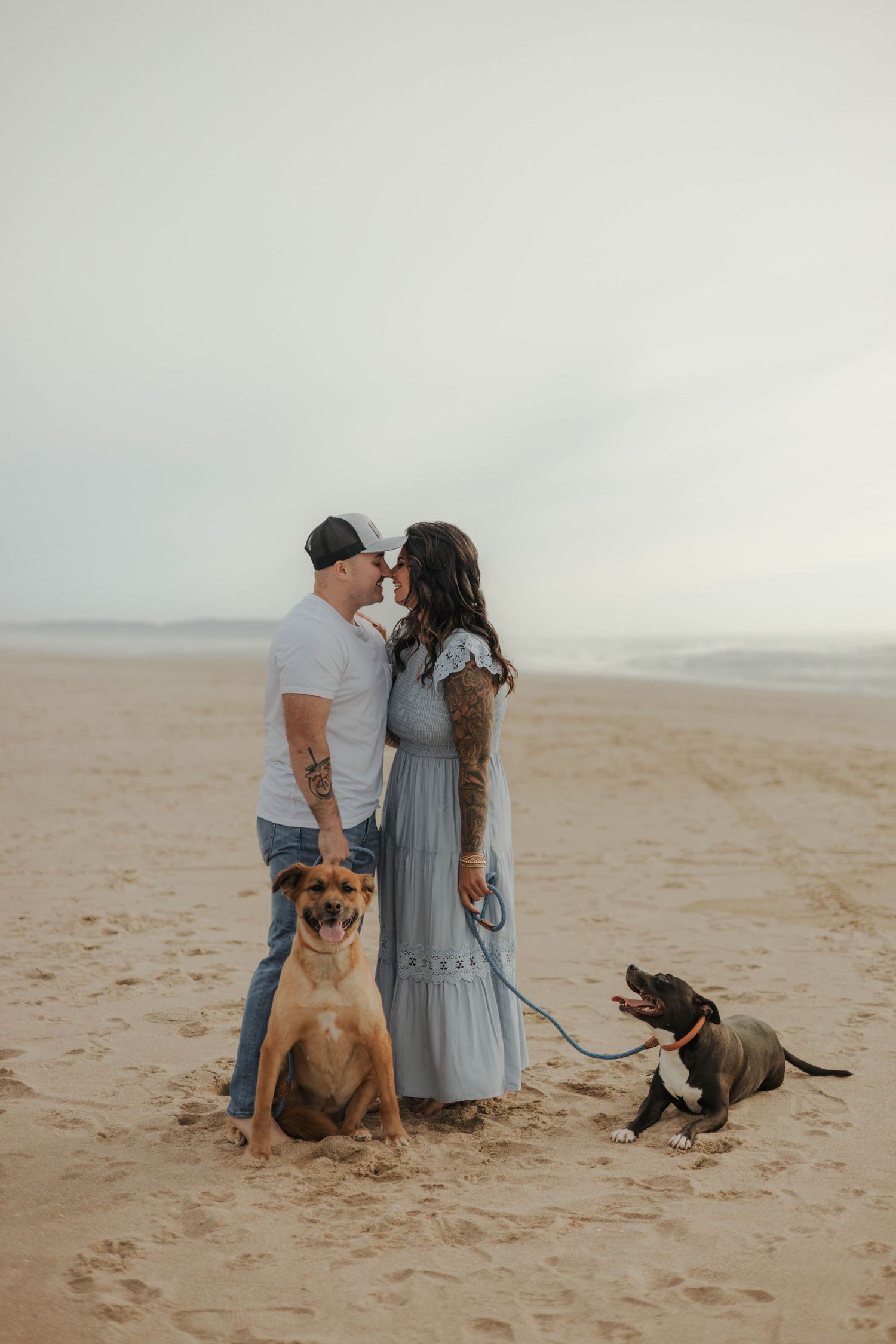 Beach scene with couple and two dogs on sandy shore at sunset.