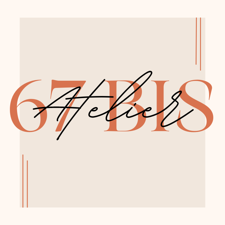 Atelier 67 Bis logo with elegant script font on cream background with terracotta accents.