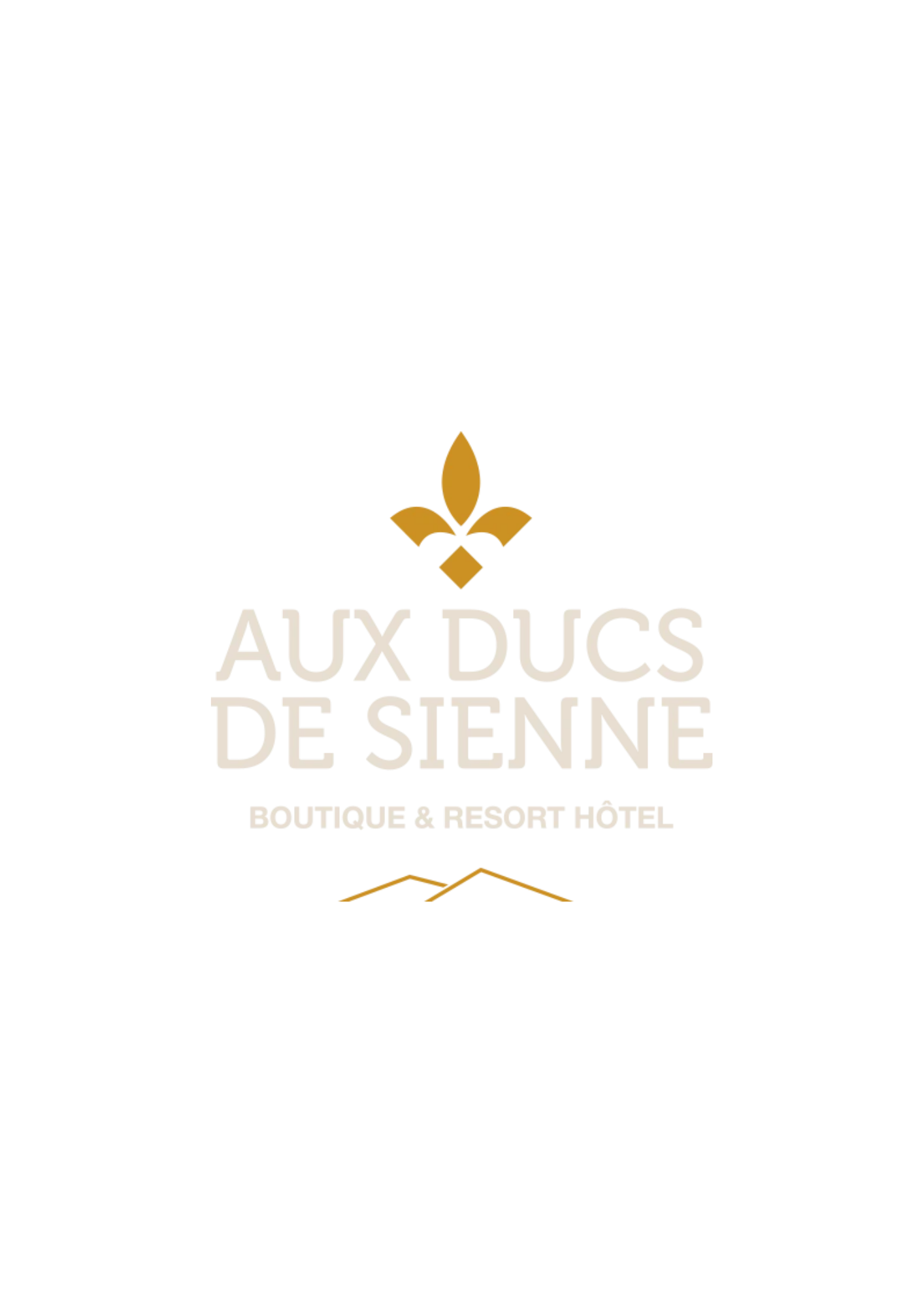 Gold fleur-de-lis logo for Aux Ducs de Sienne Boutique & Resort Hotel with mountain outline accent.