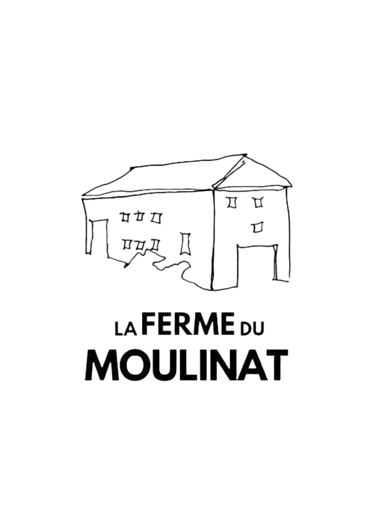 Hand-drawn sketch logo of La Ferme du Moulinat, featuring a rustic farmhouse building in black ink on white.