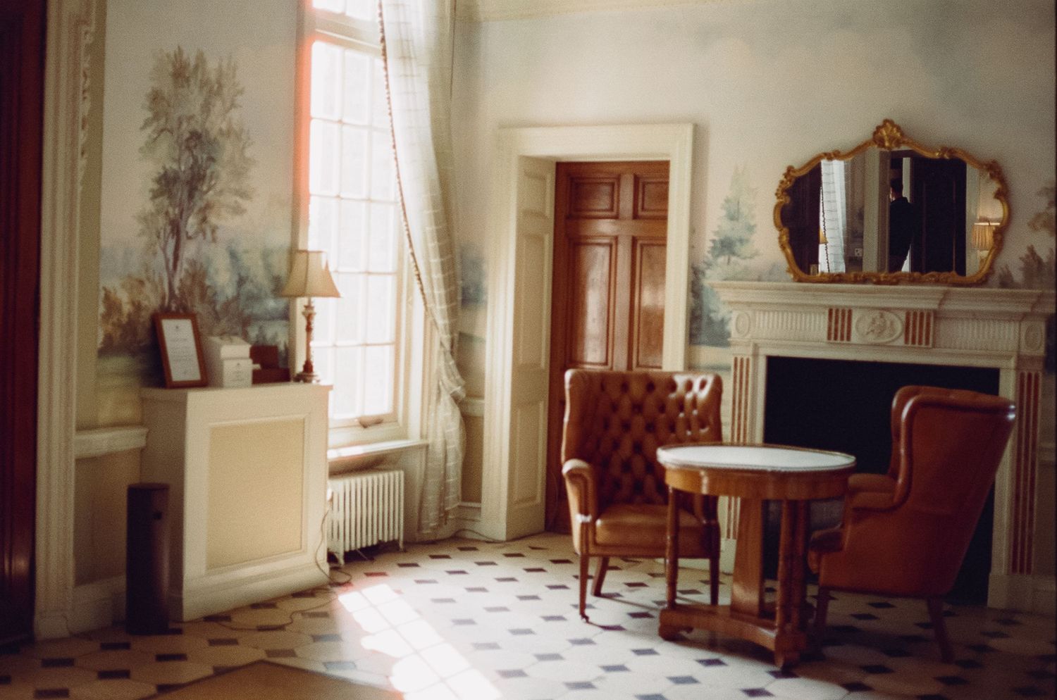 Elegant vintage room with ornate fireplace, gilded mirror, leather chairs, and scenic wall murals on a checkered marble floor.