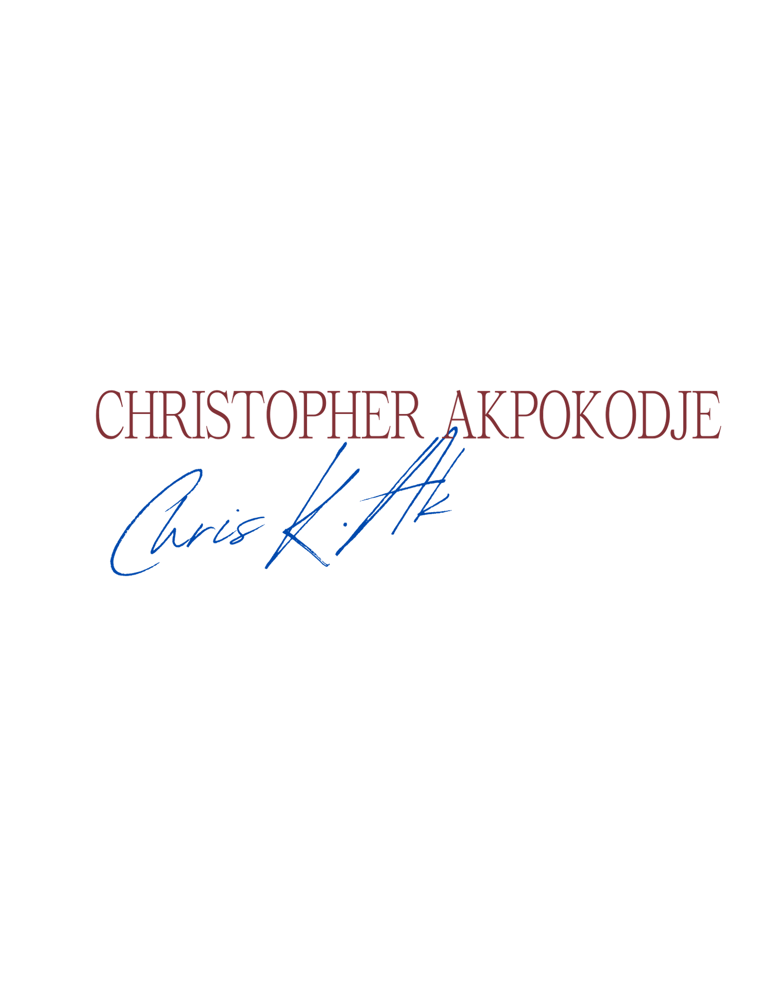 Handwritten signature in blue ink on a white background with printed text above showing the name Christopher Akpokodje.