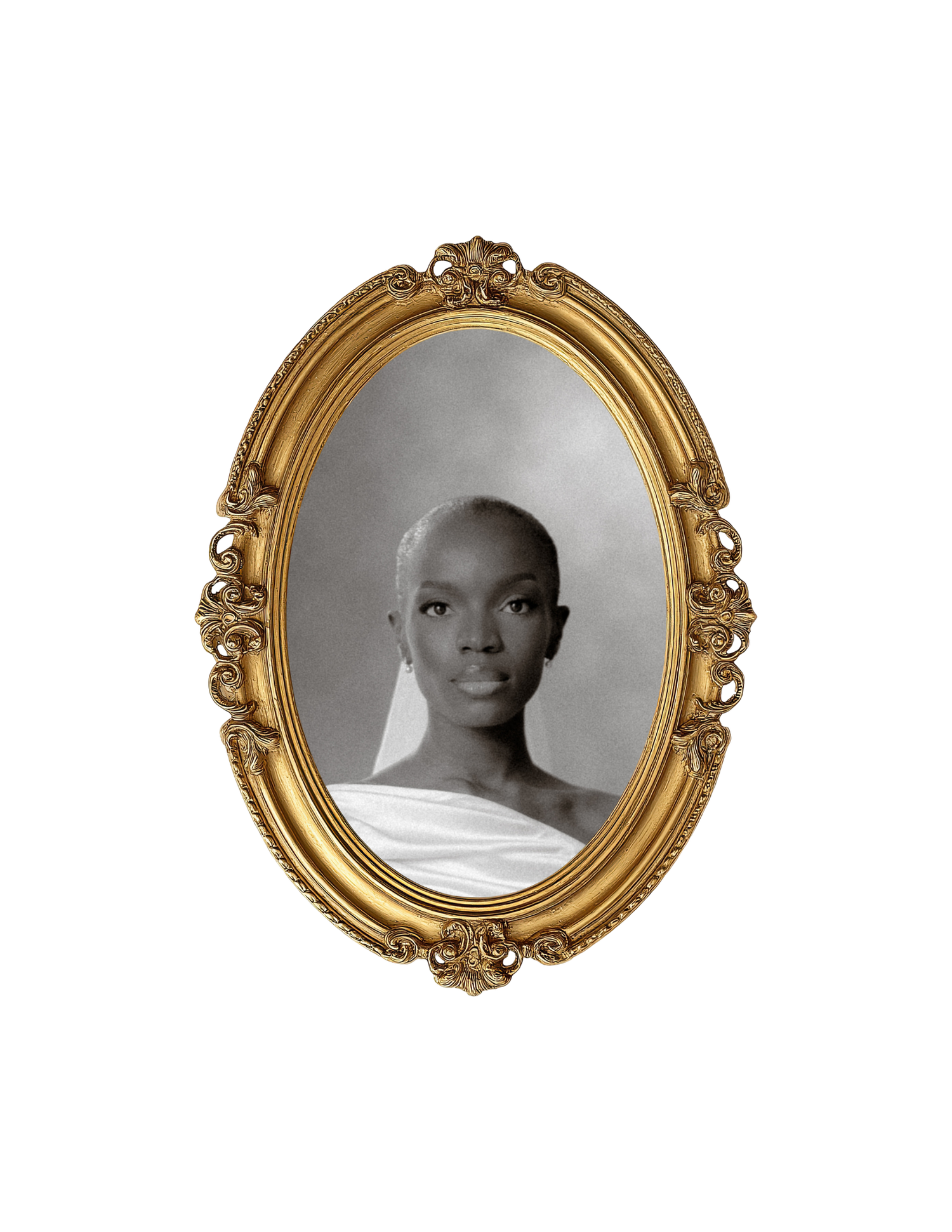 Black and white portrait of a woman in an ornate gold oval frame.