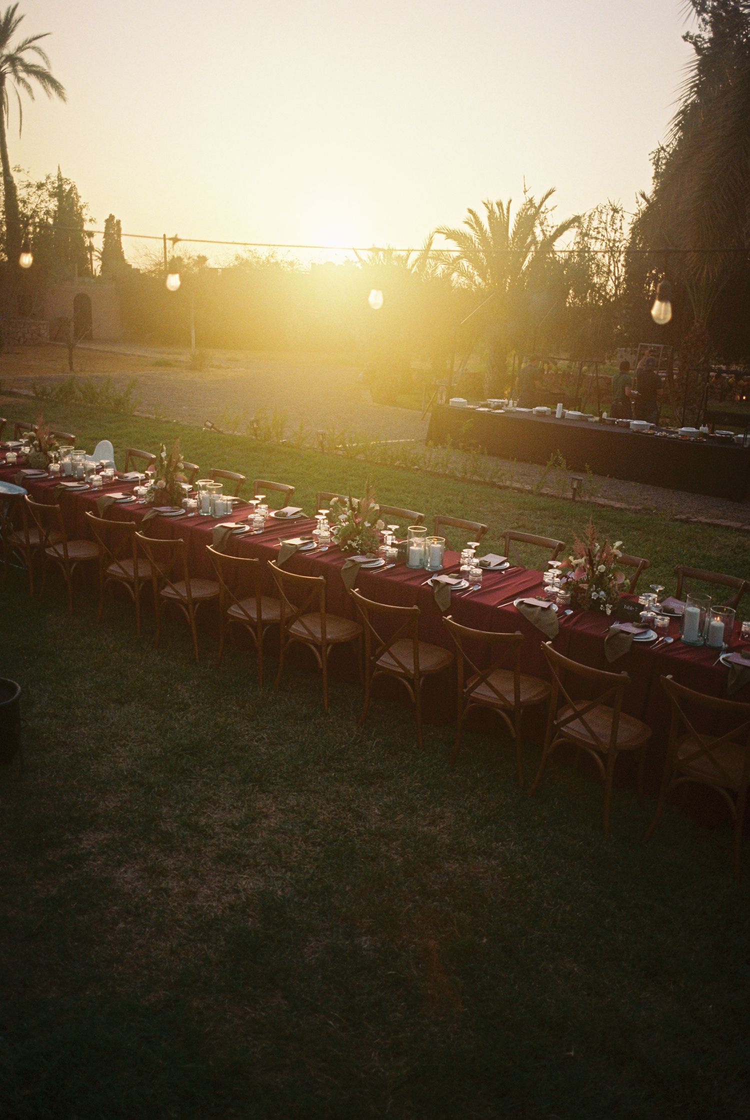 Outdoor sunset dinner party with long table set in red linens and wooden chairs on a lawn with palm trees.