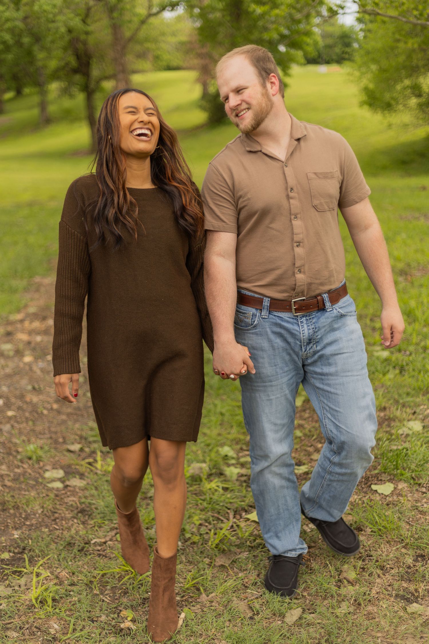 Romantic couples session with candid moments, natural poses, and golden-hour light in a scenic outdoor location.