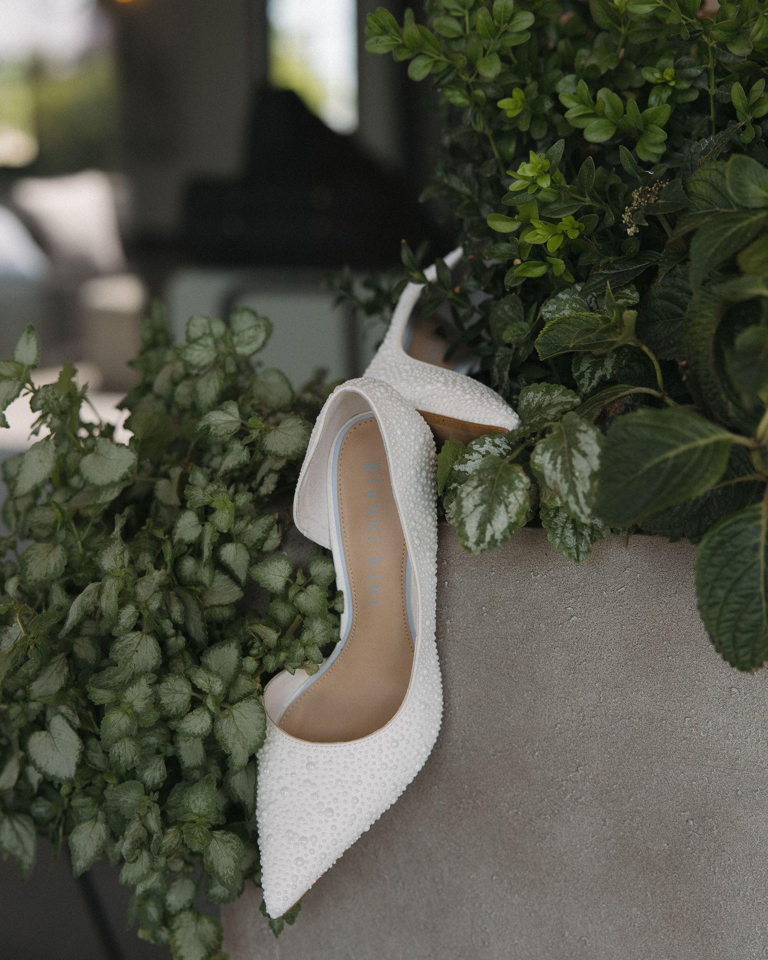 White pearl-embellished bridal heels displayed on a stone surface surrounded by lush greenery.