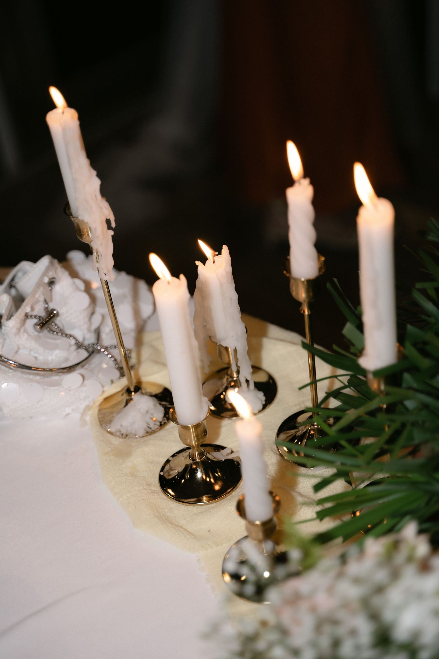 Candlelit wedding table detail during the evening reception