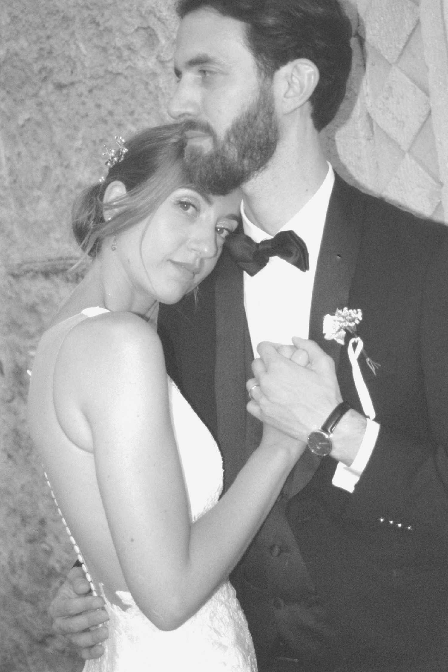 Giulia and Metz embracing on expired black and white 35mm slide film