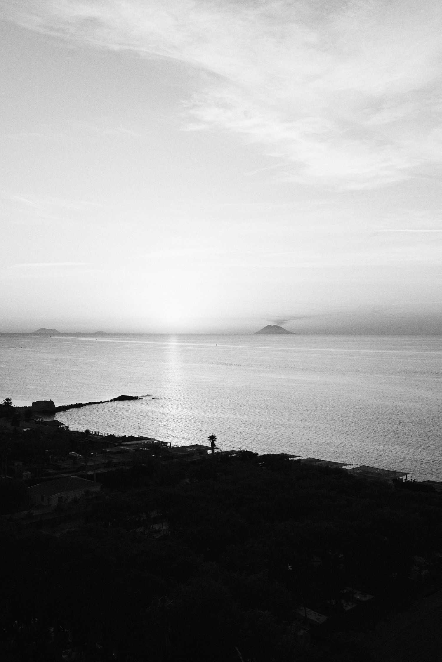 Black and white view of the Mediterranean coast from Tropea