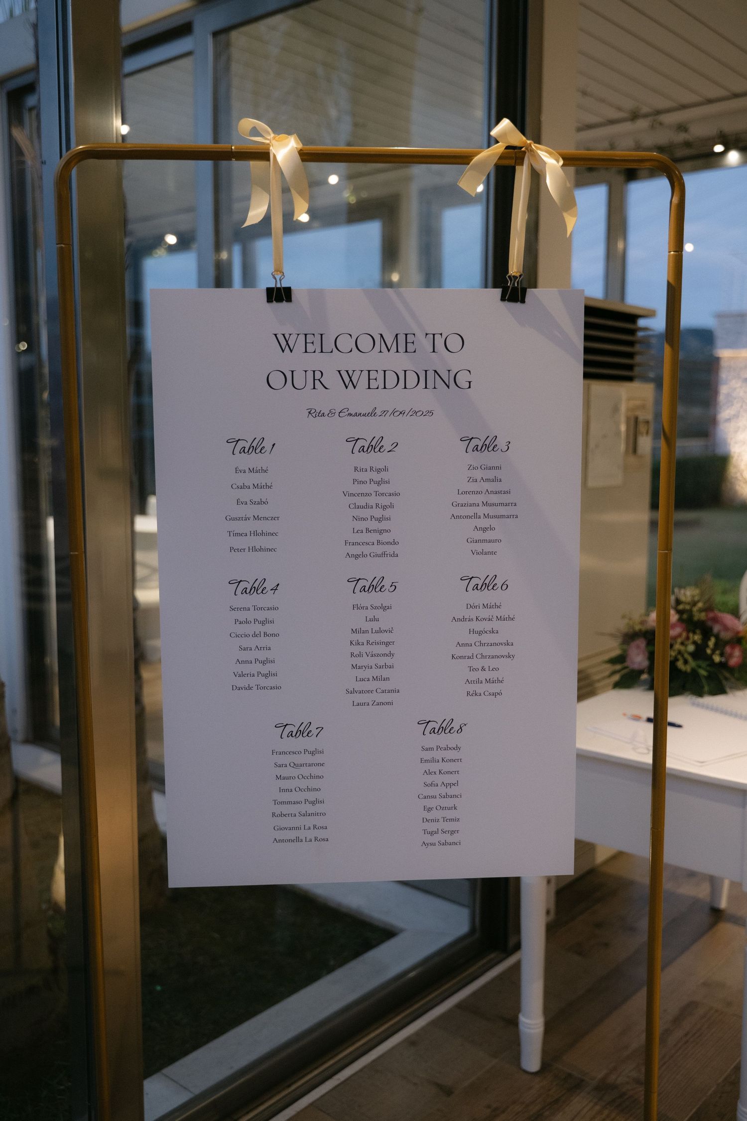 Wedding seating chart welcoming guests to the evening reception at Roccavaldina