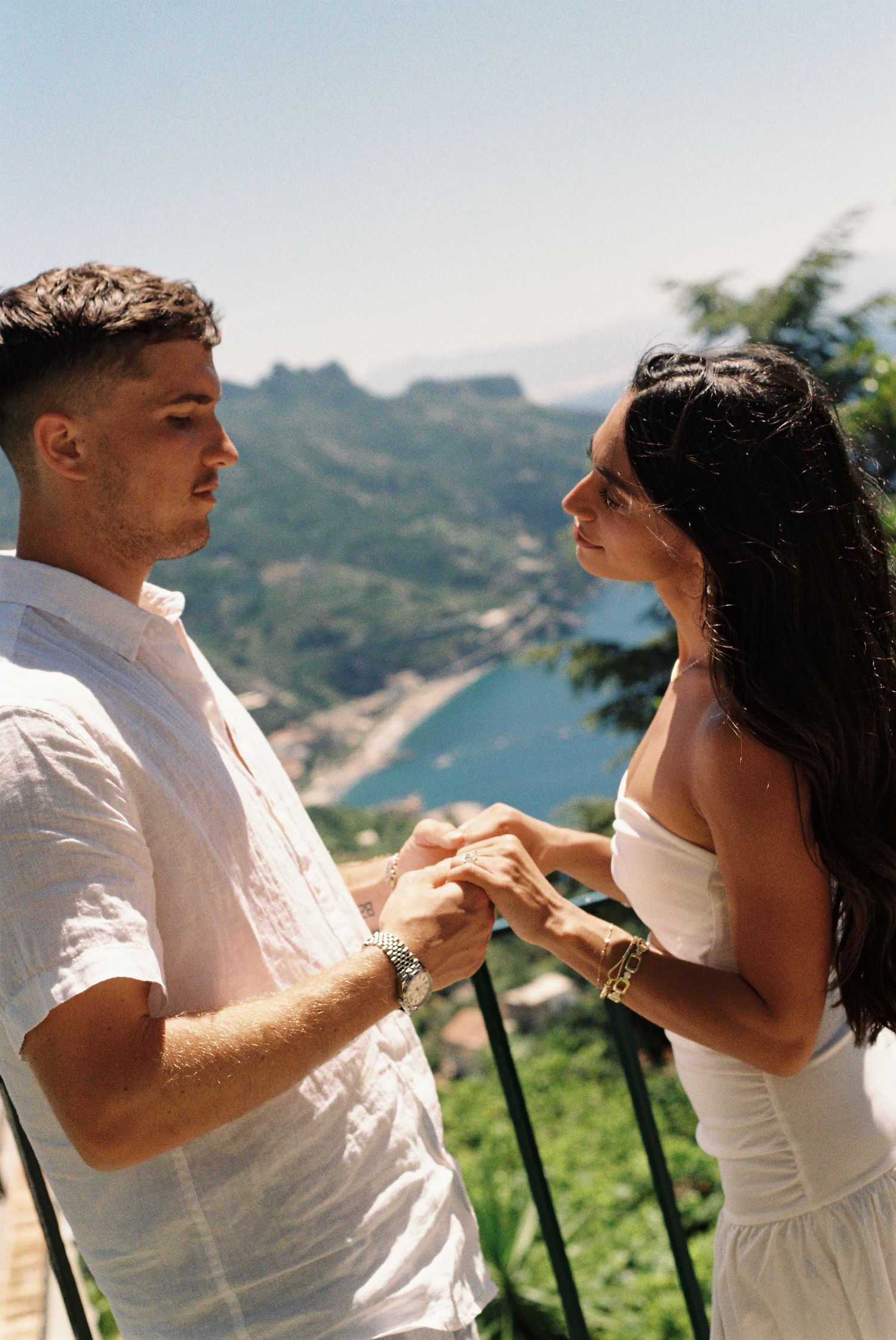 Newly engaged couple overlooking the Amalfi Coast in Ravello