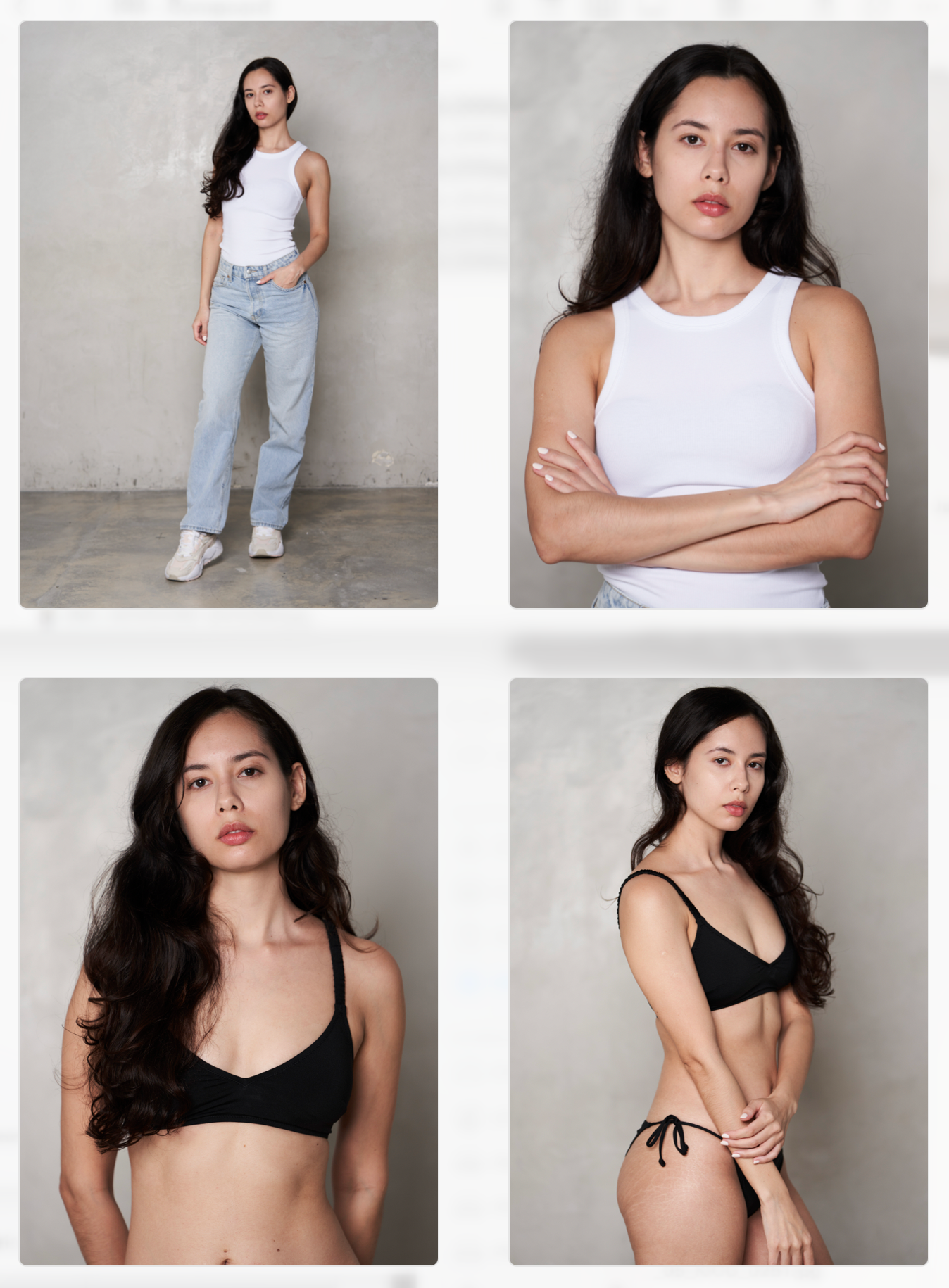A composite model comp card showing four poses in white tank top, jeans, and black bikini outfits.