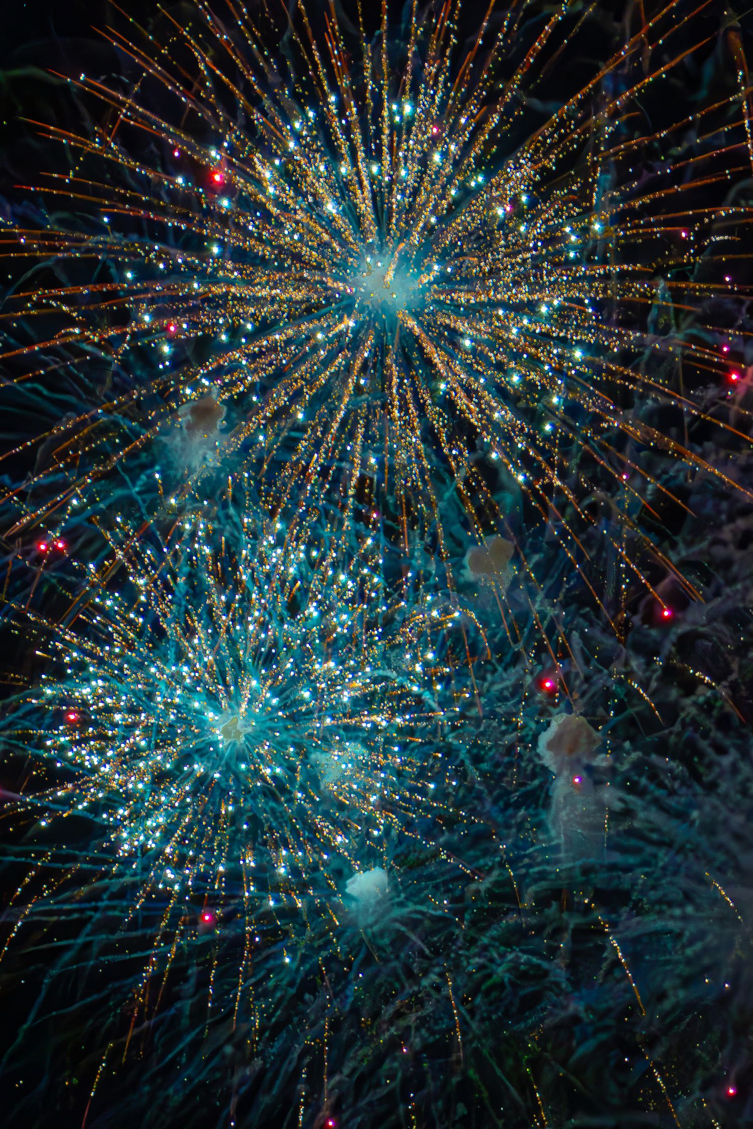 Colorful fireworks display with blue and gold bursts against a dark night sky.