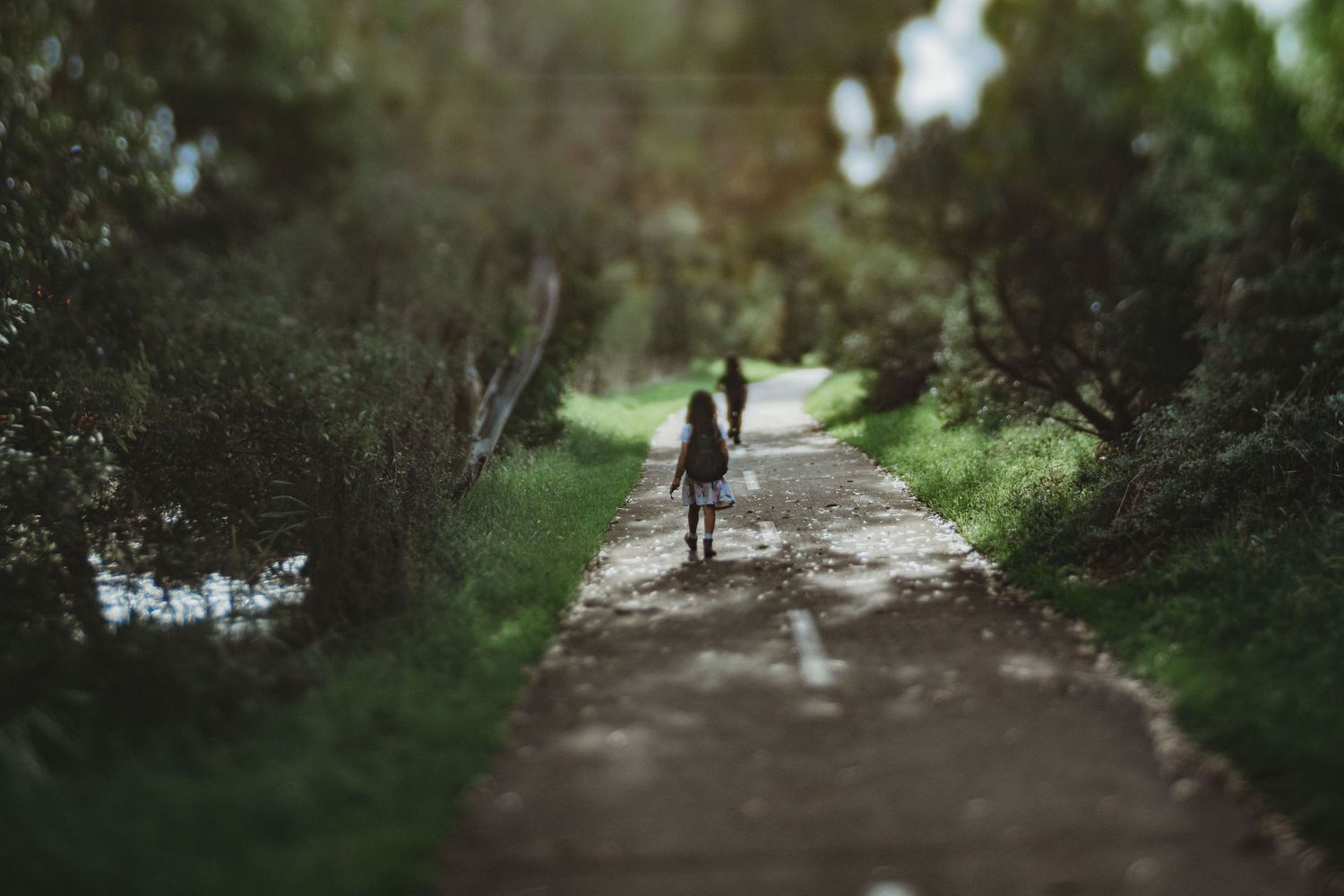 Child walking alone down a lush green tree-lined path in soft natural light.