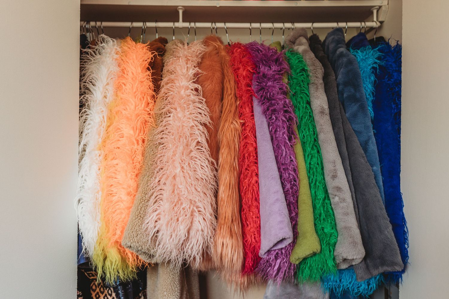 Colorful feather and fur coats hanging on closet rod in vibrant rainbow colors.