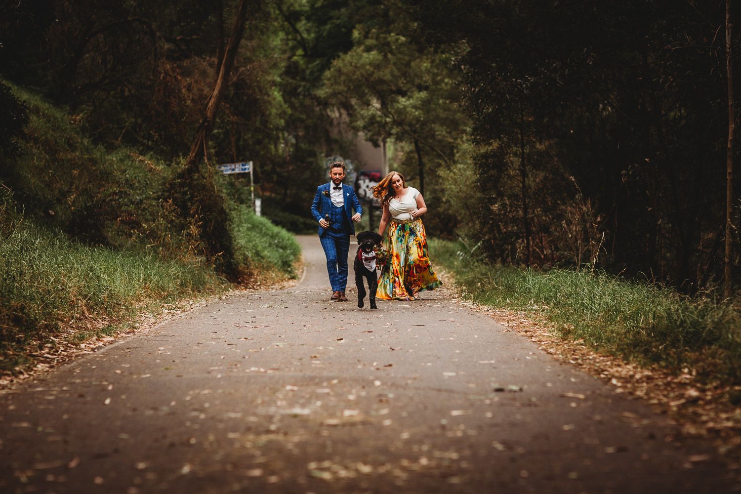 Couple in wedding attire walking with their black dog along a tree-lined path.