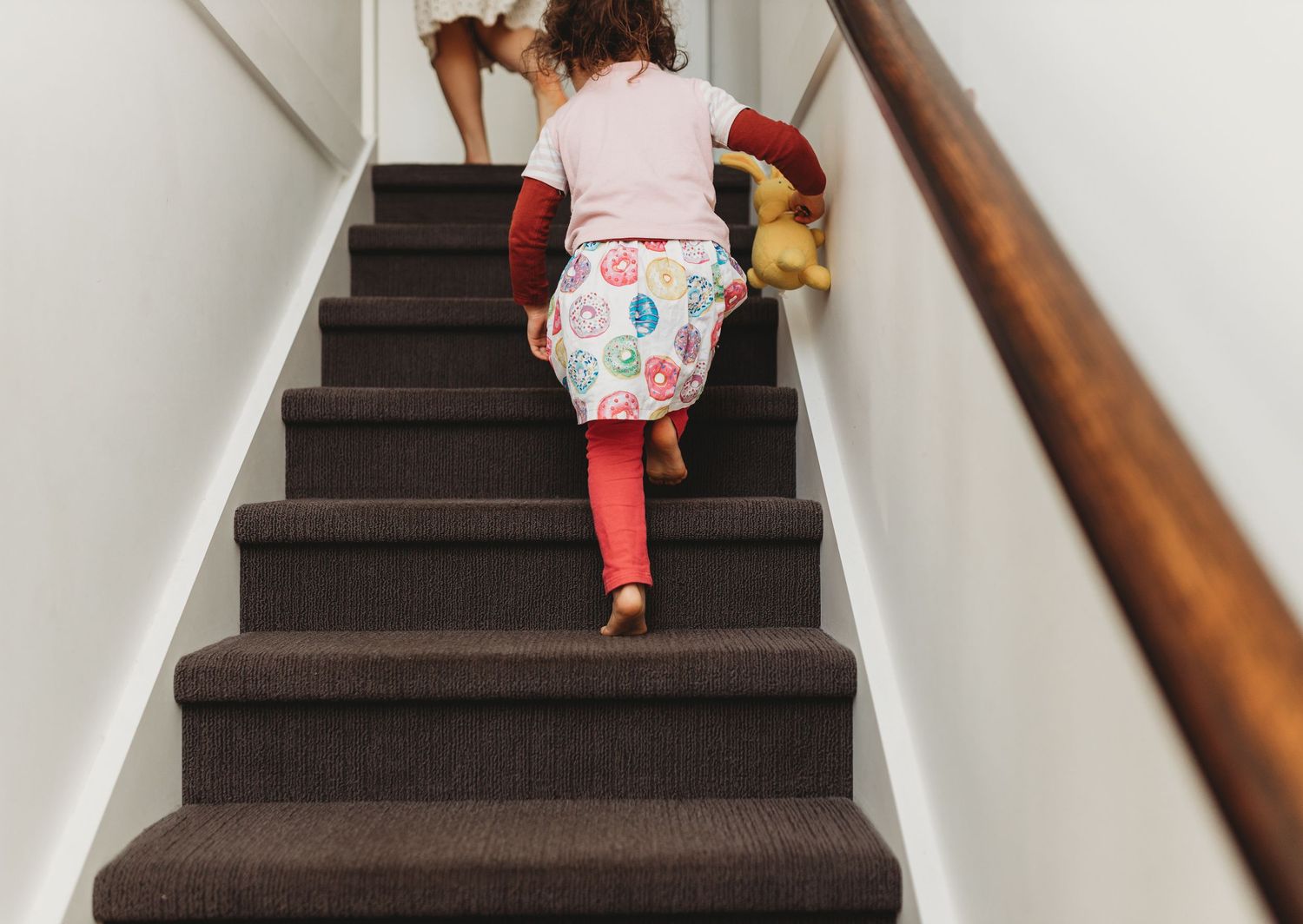 Two young children climbing carpeted stairs at home, one carrying a stuffed toy, viewed from behind.