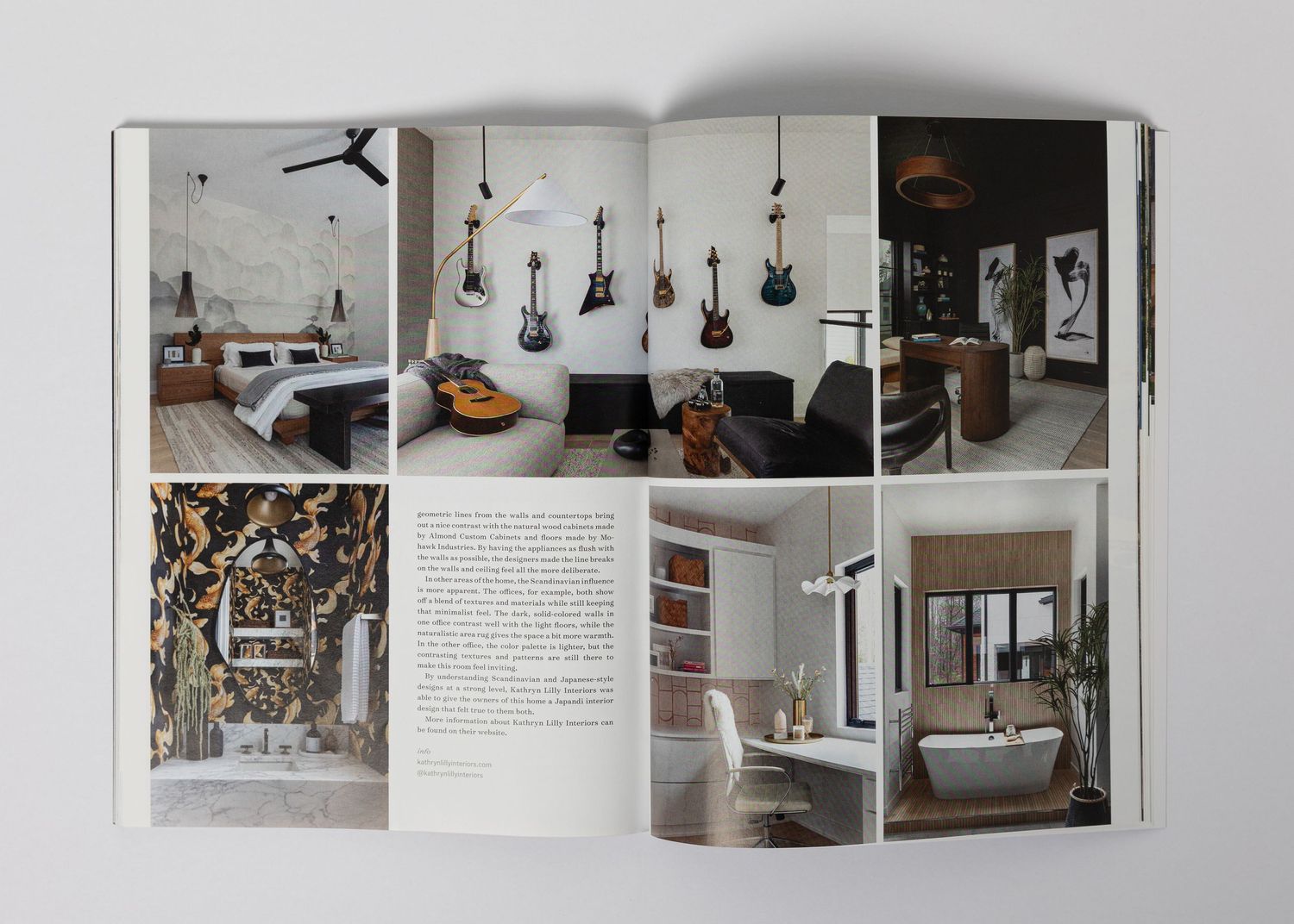 Interior design magazine layout featuring multiple bathroom and living space photographs with modern styling.