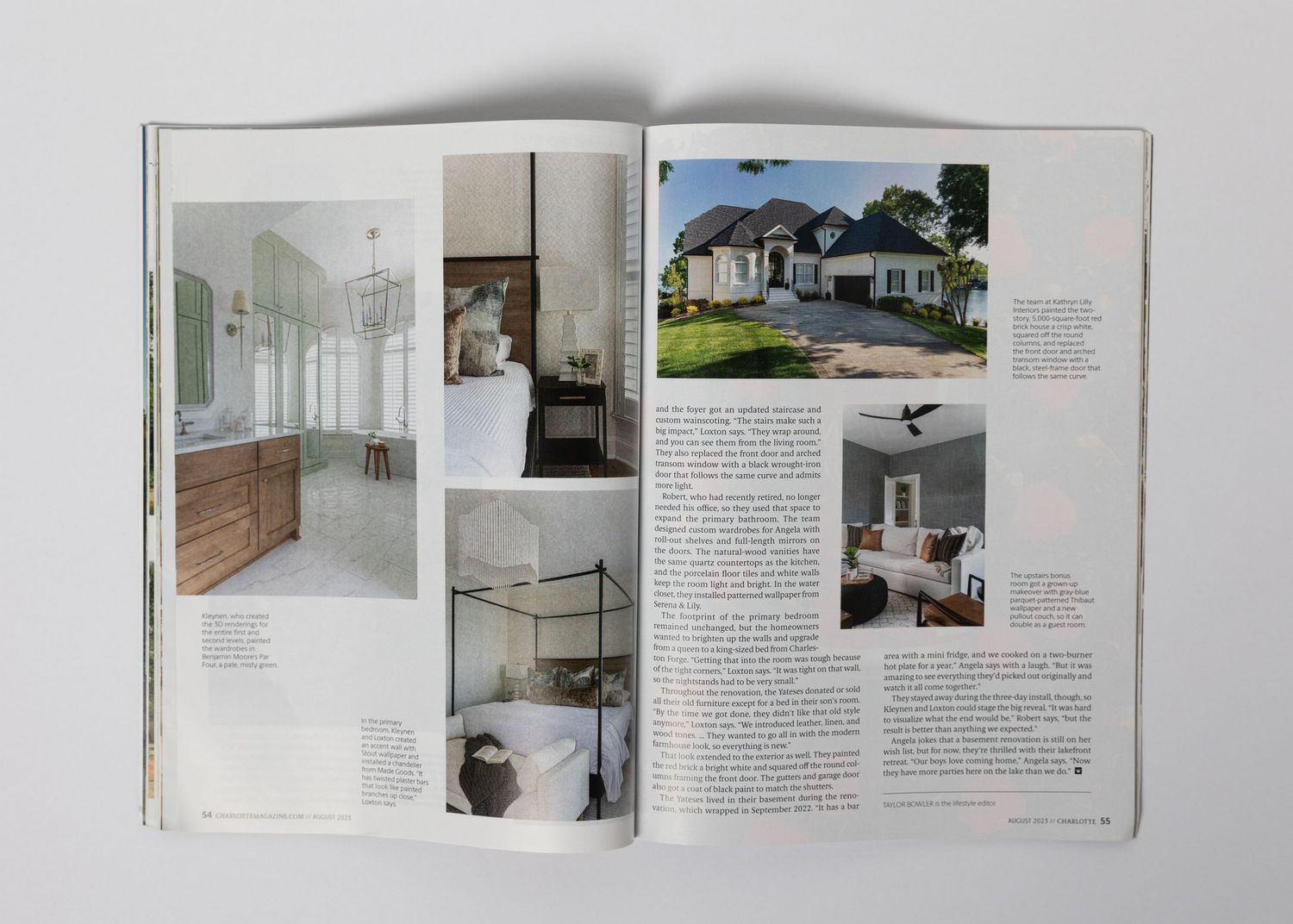 Home renovation magazine spread showing exterior and interior transformations of a residential property.