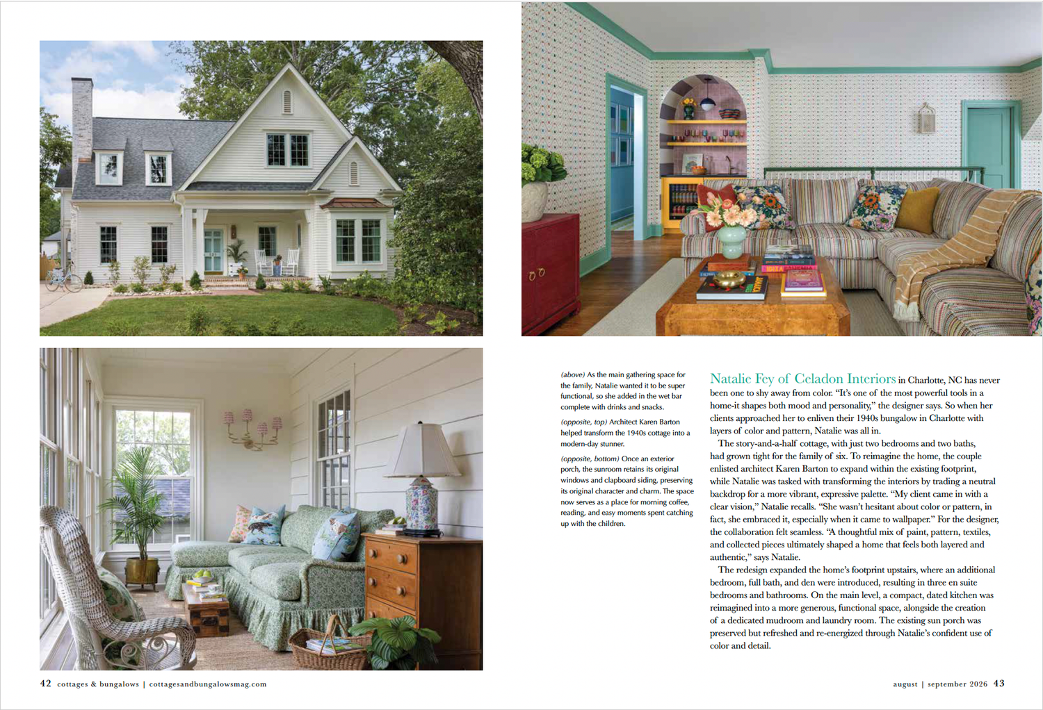 Charming white farmhouse exterior with covered porch beside a cozy living room featuring built-in shelves and colorful eclectic decor.