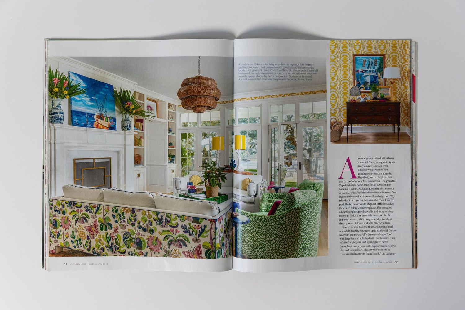 Interior design magazine spread featuring bright coastal living spaces with green accents.