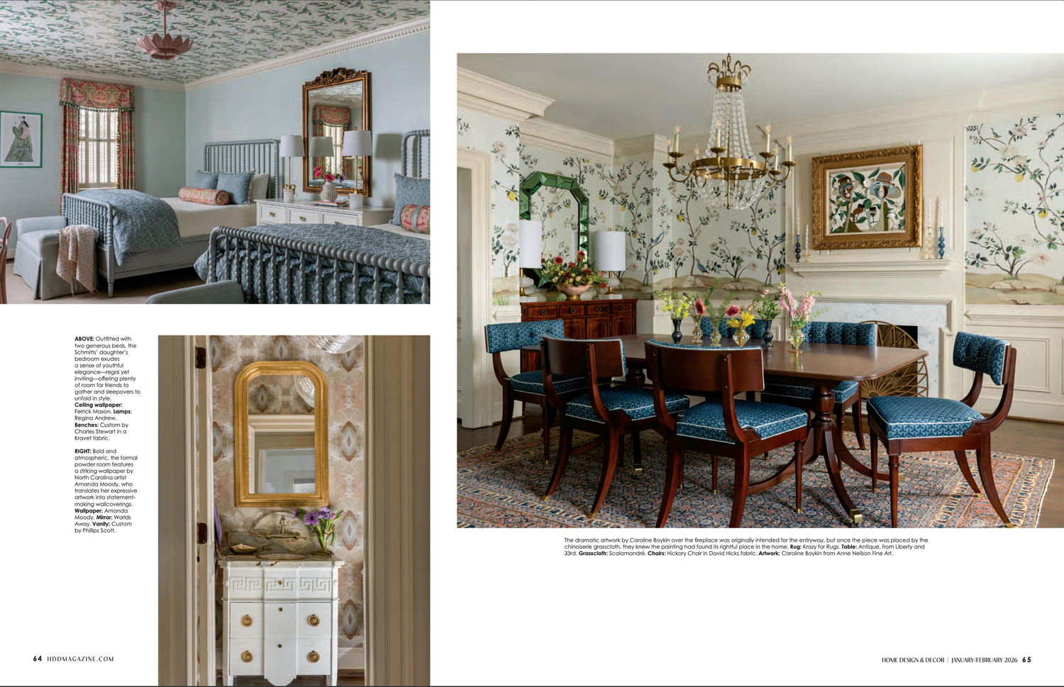 Elegant dining room features floral wallpaper, blue upholstered chairs, and traditional wood furniture with natural lighting.