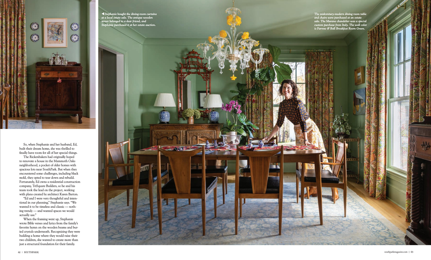 A vintage-inspired dining room features sage green walls, elegant chandelier, wooden furniture, and potted plants.