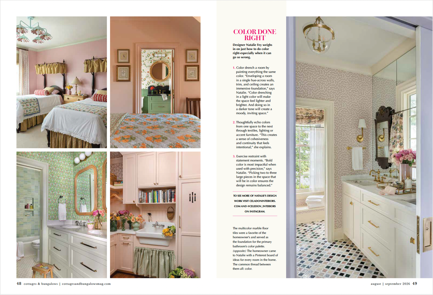 Colorful maximalist bedroom and bathroom interiors featuring pink walls, green accents, floral decor, and bold patterned floors.