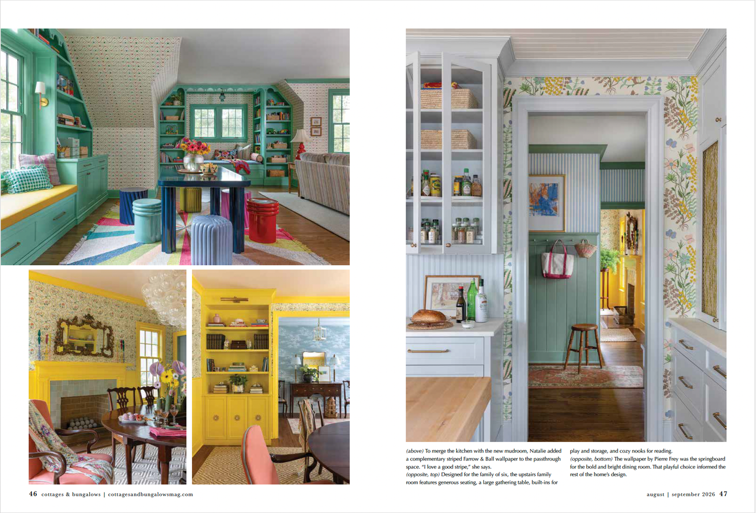 Colorful eclectic home interiors featuring turquoise cabinetry, yellow accents, and vibrant wallpaper in kitchen and dining spaces.