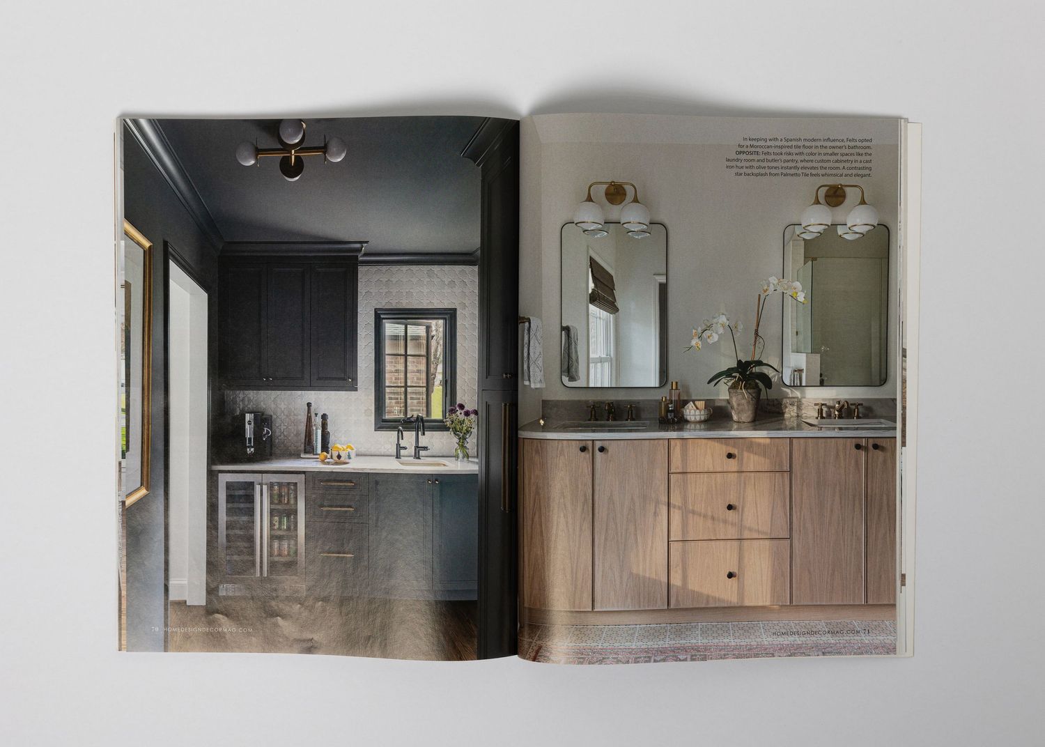 Contemporary bathroom design spread featuring dark walls and light wood vanity with dual mirrors.