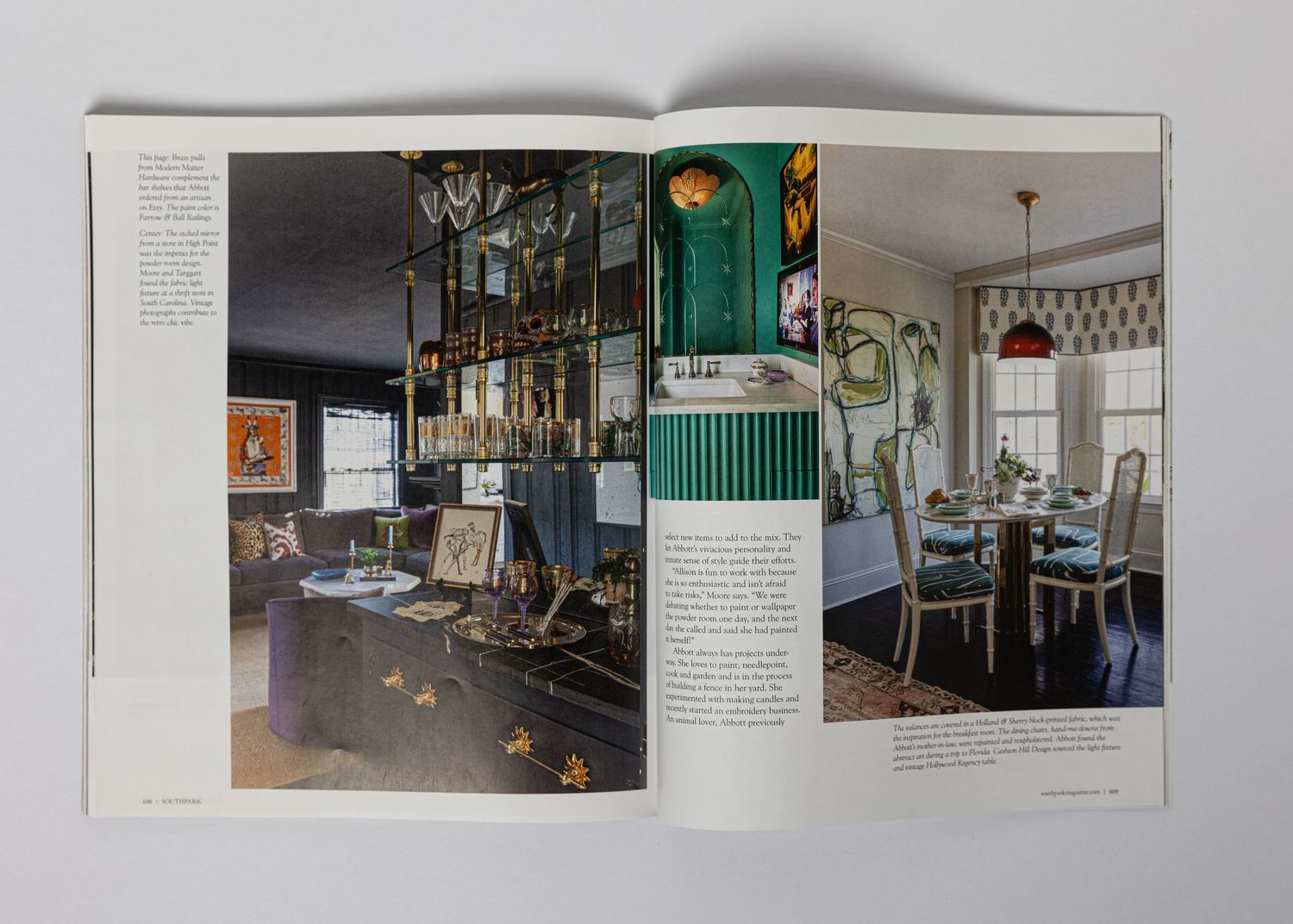 Interior design magazine spread showing green accented room and dining area.
