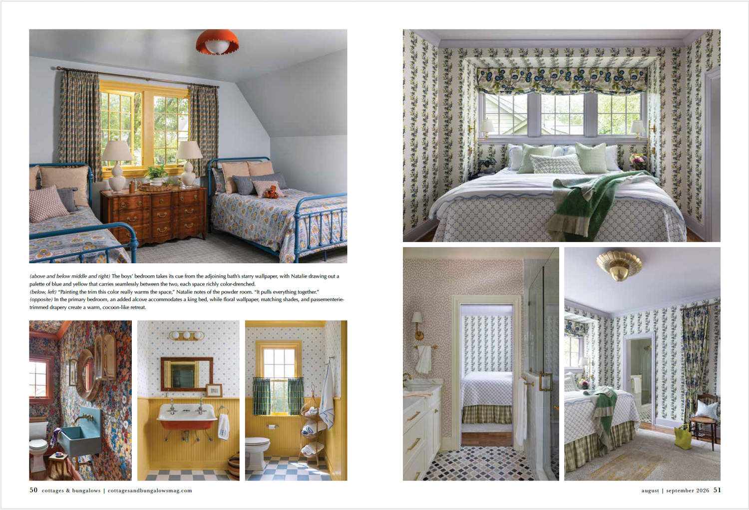 A collage of elegant bedroom and bathroom interiors featuring plaid curtains, patterned wallpaper, and classic traditional decor.