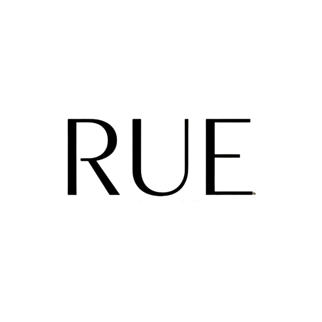 Black RUE text logo on white background in modern sans-serif typeface.