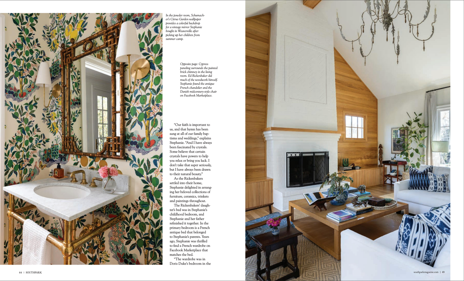 Interior design magazine spread showcasing a modern rustic living room with floral wallpaper and elegant chandelier lighting.