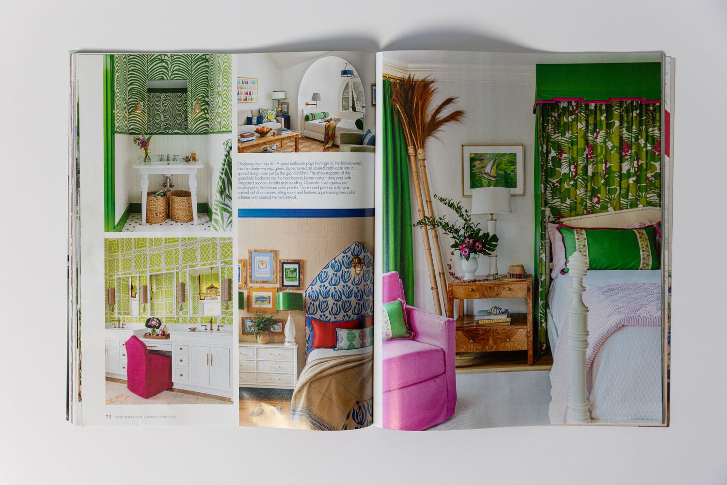 Interior design spread featuring colorful rooms with pink accents and green wallpaper.