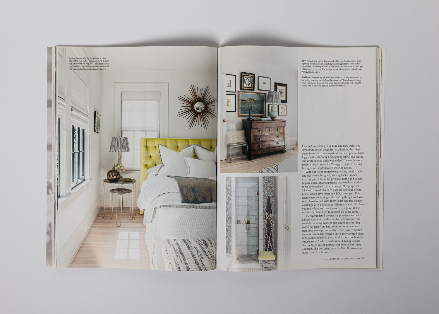 Interior design spread featuring bedroom styling with yellow accents and gallery wall arrangements.