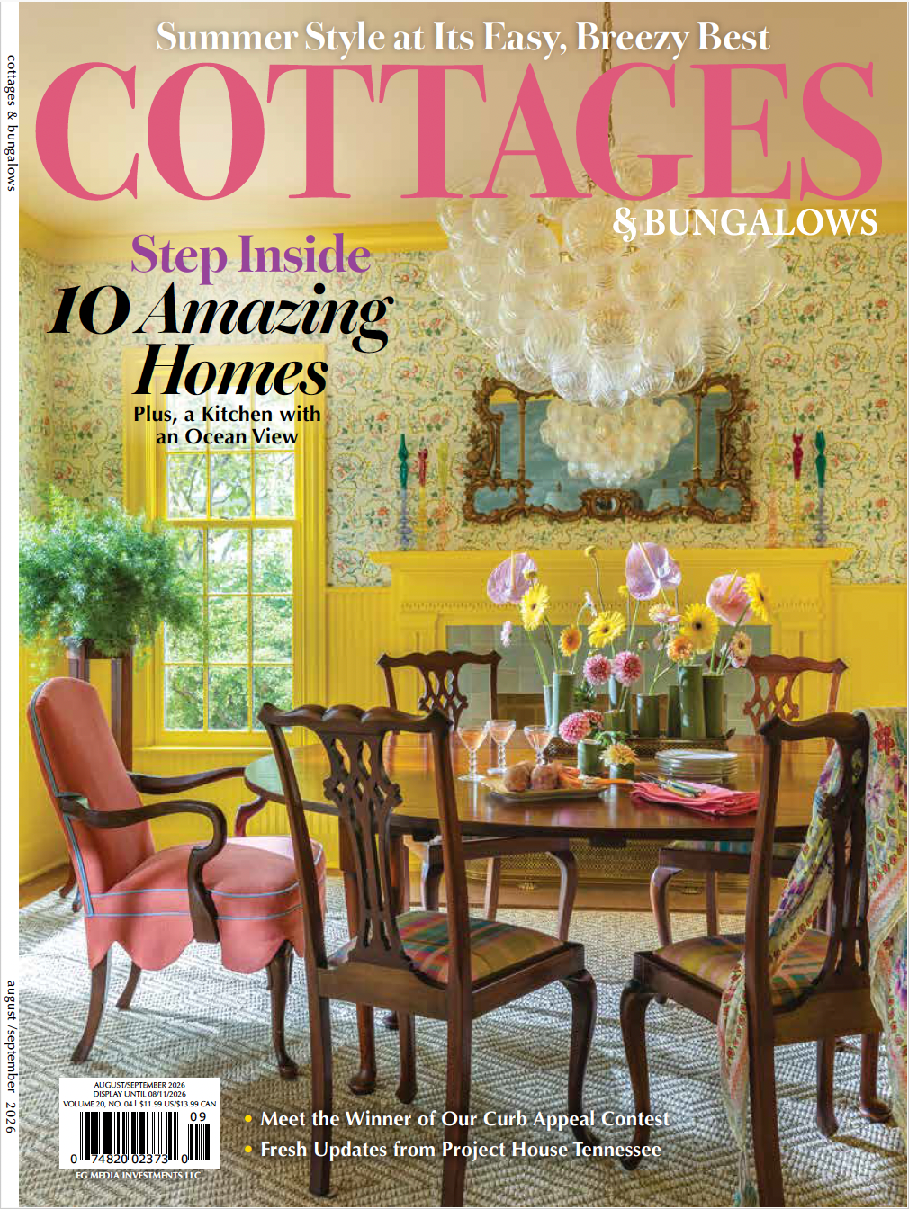 Cottages & Bungalows magazine cover featuring a vibrant dining room with yellow walls, floral wallpaper, and elegant wooden chairs.