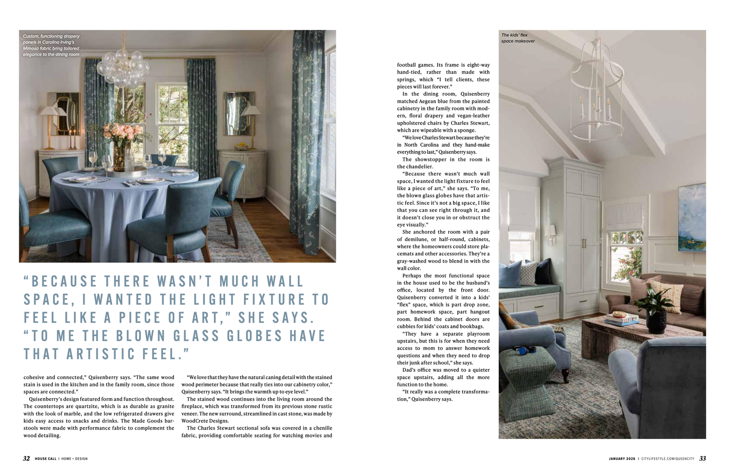 Interior design magazine spread showing living room layouts and furniture arrangements with text overlays.