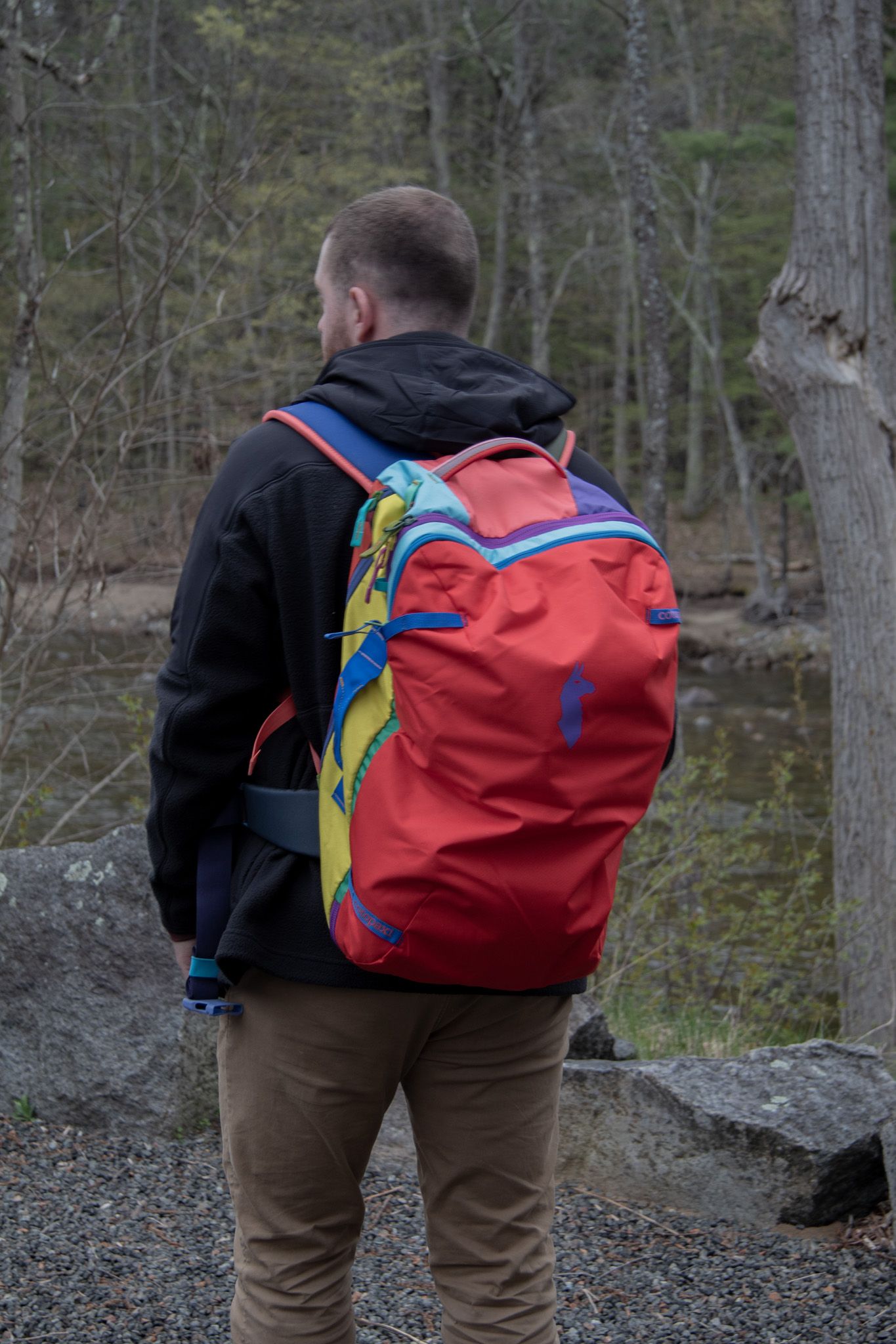 Man with red multicolor backpack standing on rocky trail in wooded forest area near water.