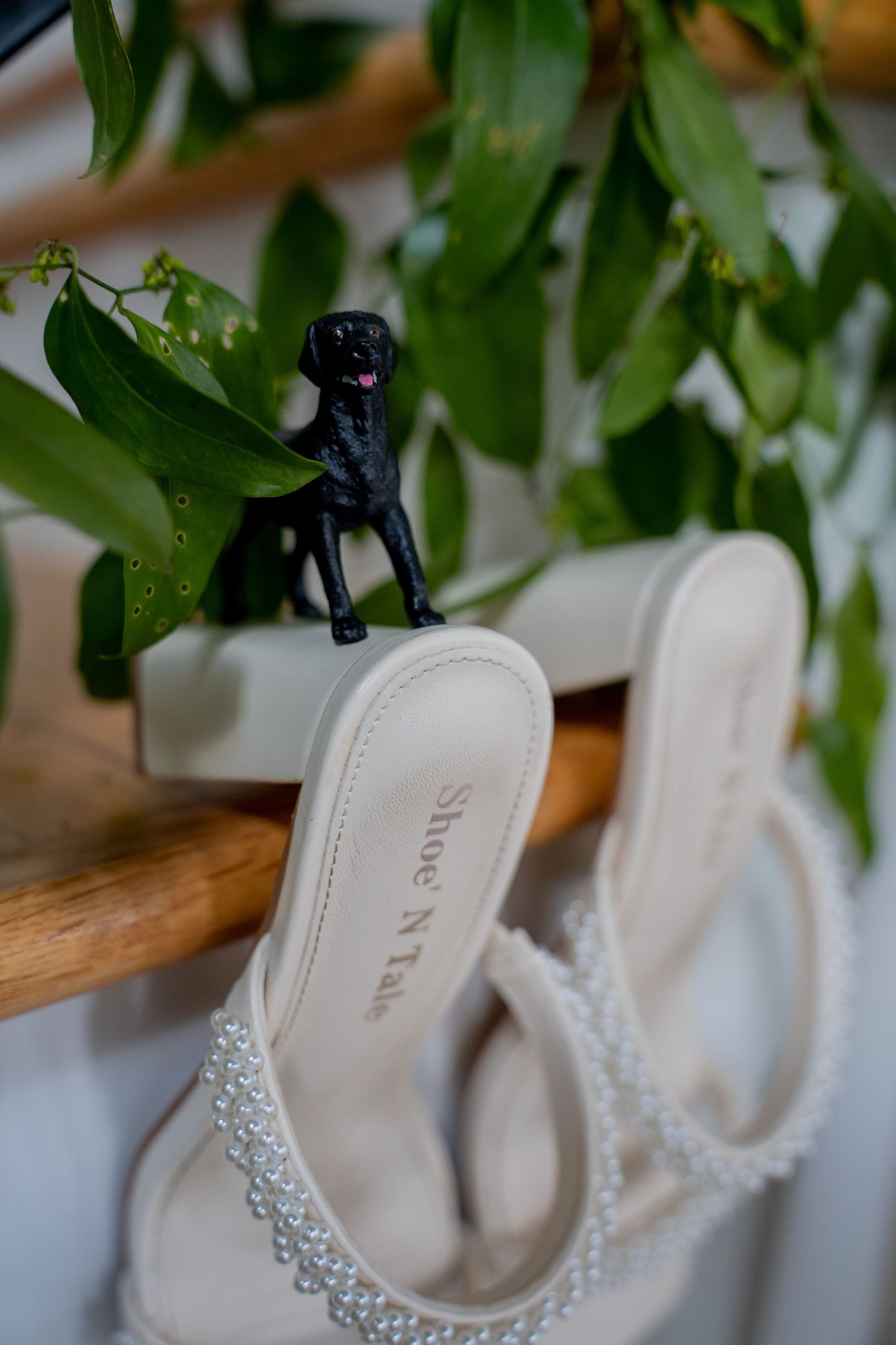 White pearl-embellished Shoe N Tale heeled sandals displayed on wooden shelf with green foliage and small black dog figurine.