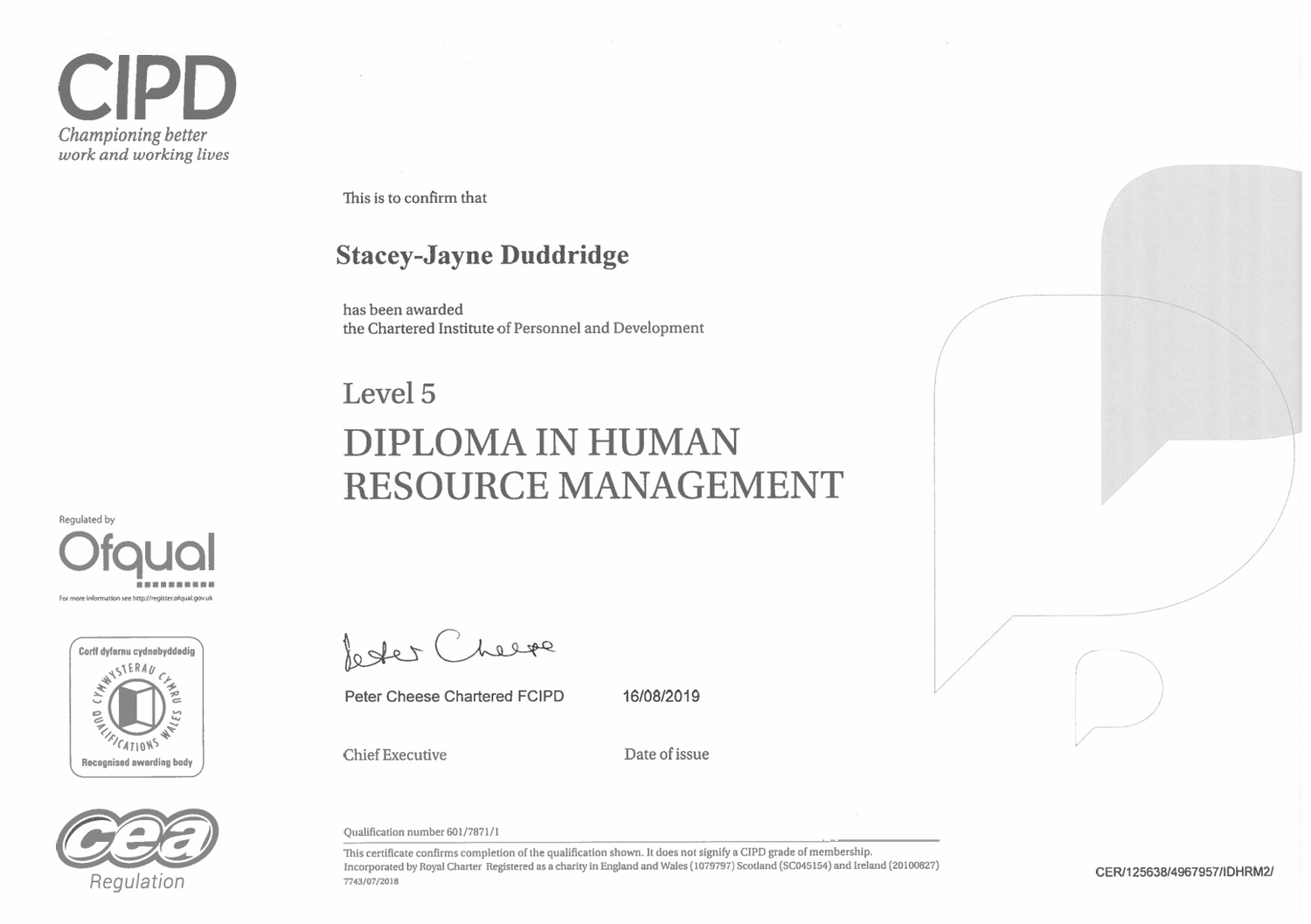 CIPD Level 5 Diploma in Human Resource Management certificate awarded to Stacey-Jayne Doddridge, dated 16/08/2018.