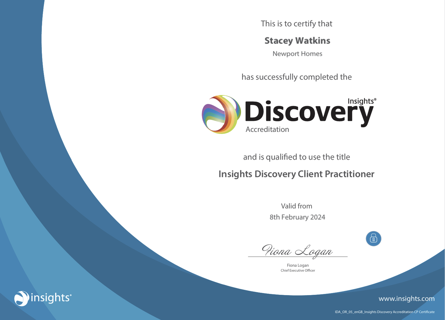 Certificate for Stacey Watkins completing Insights Discovery Accreditation as a Client Practitioner, valid from 8th February 2024.