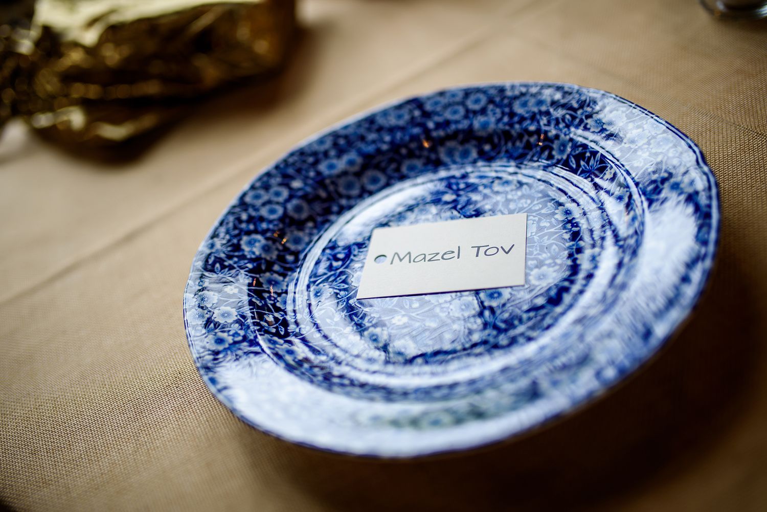 Row of vintage blue and white decorative plates with traditional patterns.